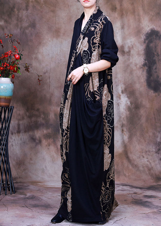 Rose Floral Print V-Neck Draped Wrap Three Quarter Sleeve Maxi Dress - View 4
