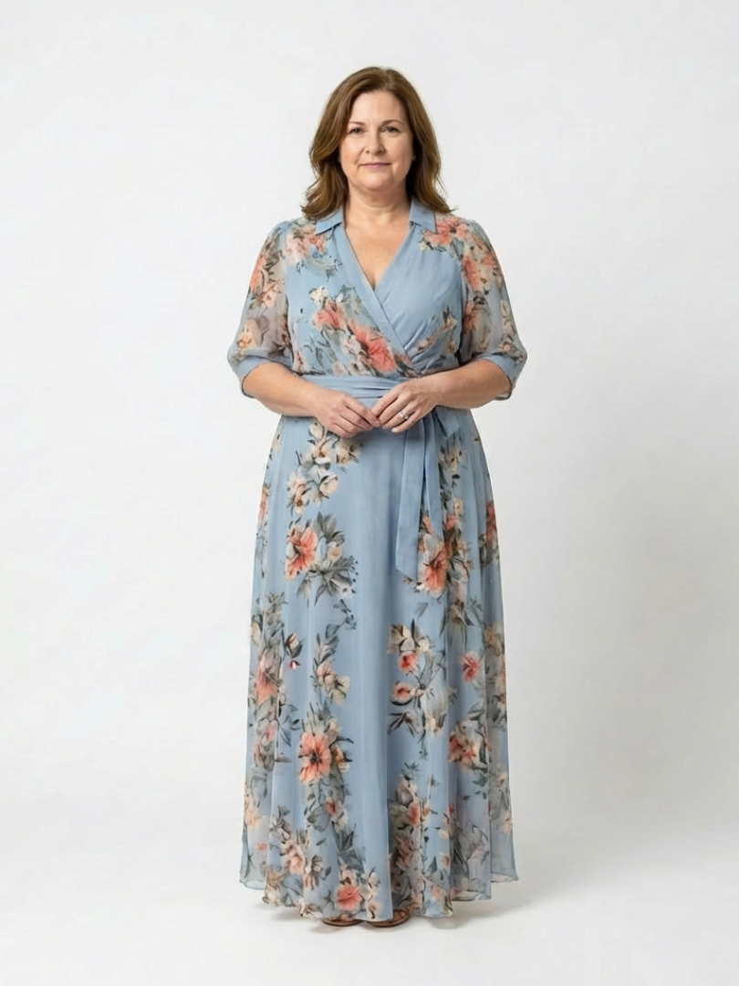 Floral Print Collared Half Sleeve Wrap Maxi Dress 4
