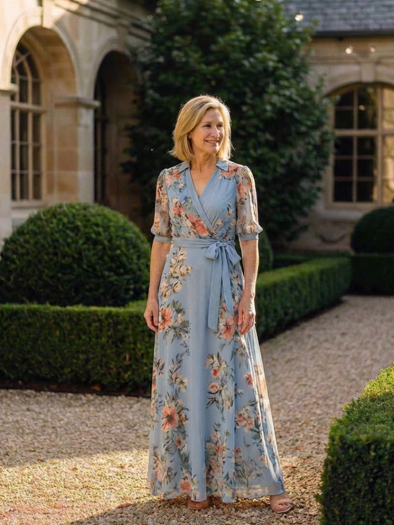 Floral Print Collared Half Sleeve Wrap Maxi Dress 5