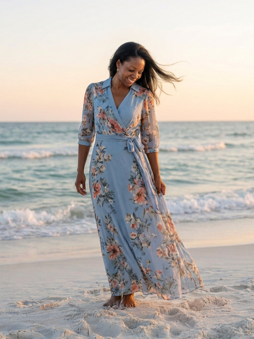 Floral Print Collared Half Sleeve Wrap Maxi Dress 6