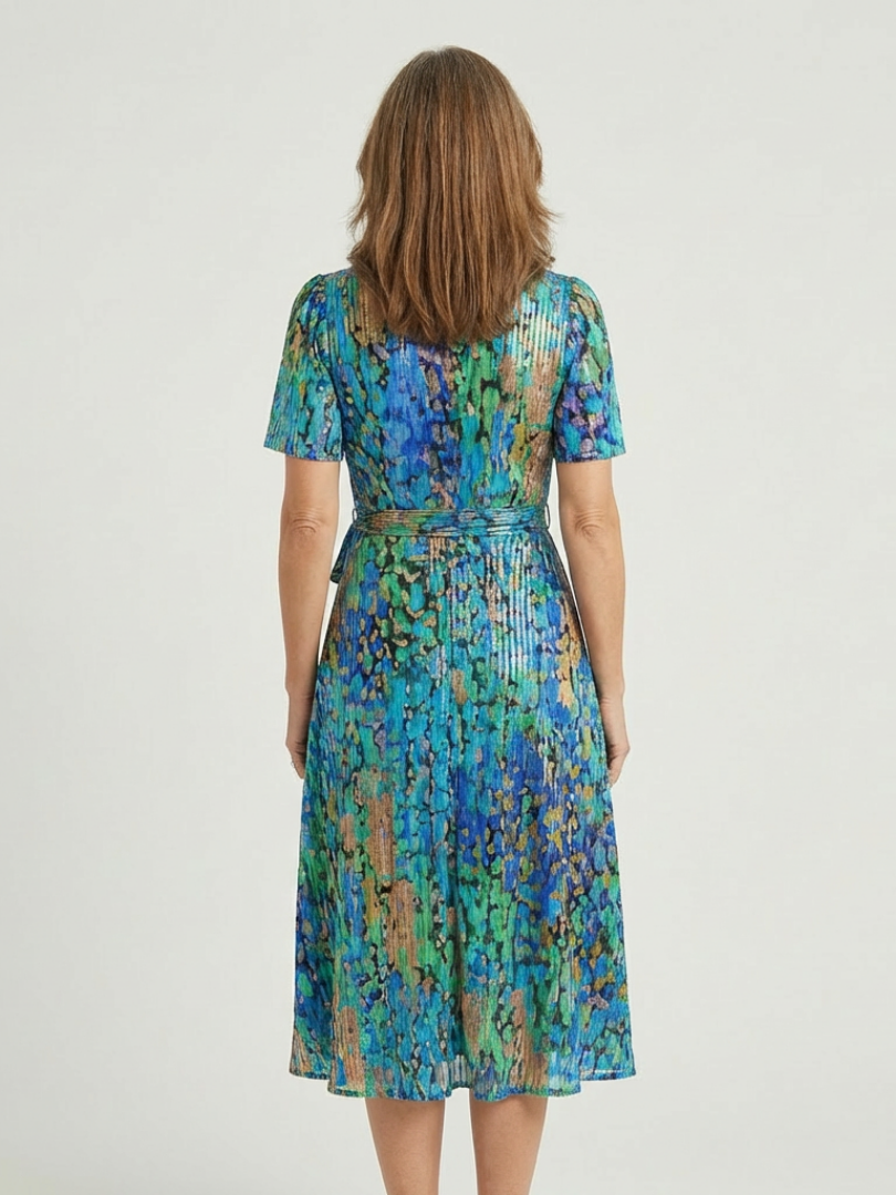 Abstract Print V-Neck Short Sleeve Wrap Midi Dress 2