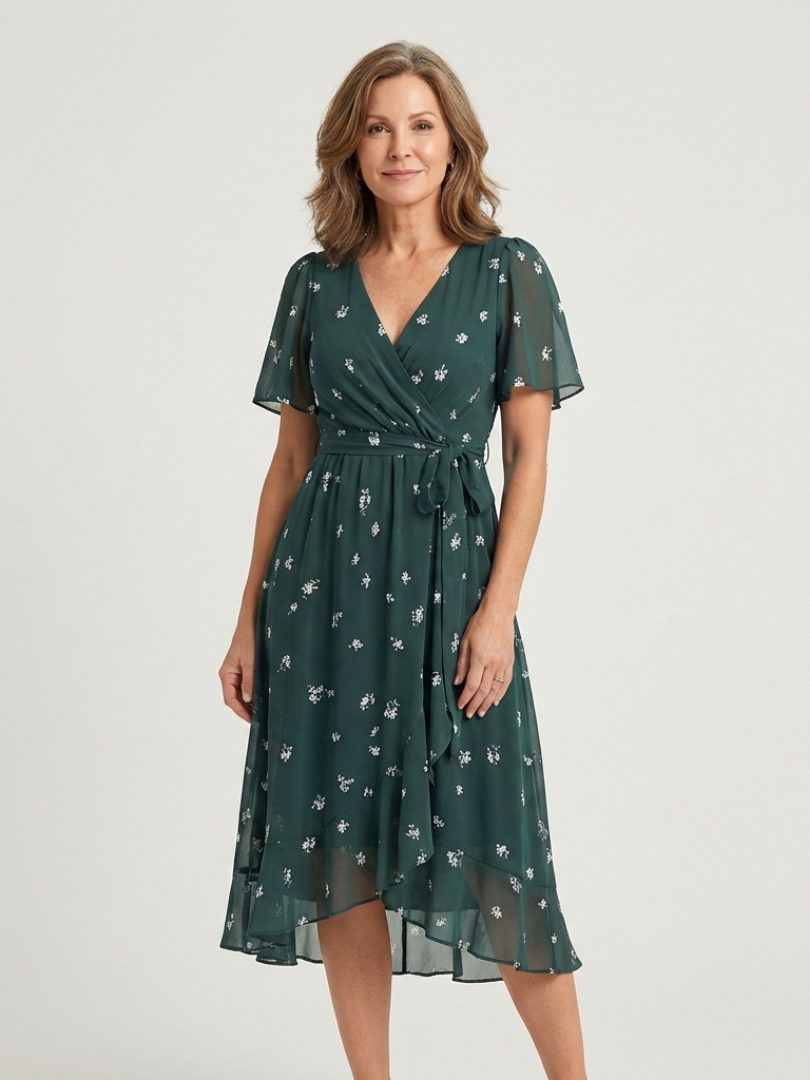 Abstract Print V-Neck Short Sleeve Wrap Midi Dress 5