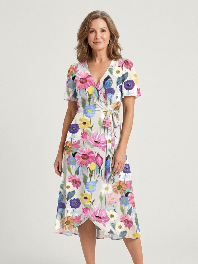 Abstract Print V-Neck Short Sleeve Wrap Midi Dress 6