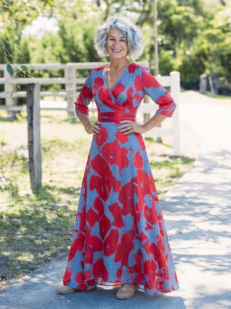 Floral Print Wrap V-Neck Three Quarter Sleeve Maxi Dress 5