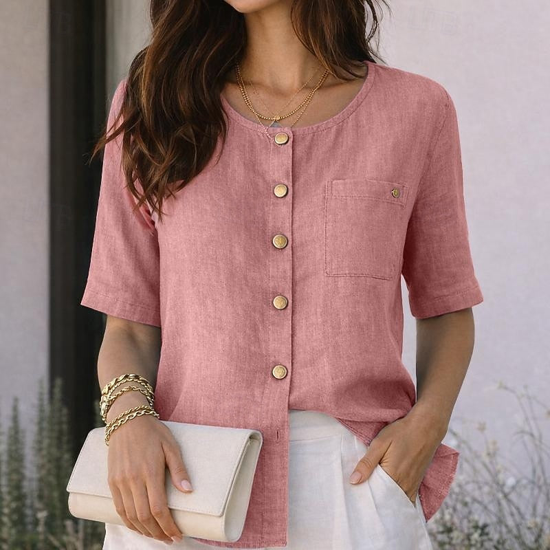 Round Neck Short Sleeve Button Front Blouse 4