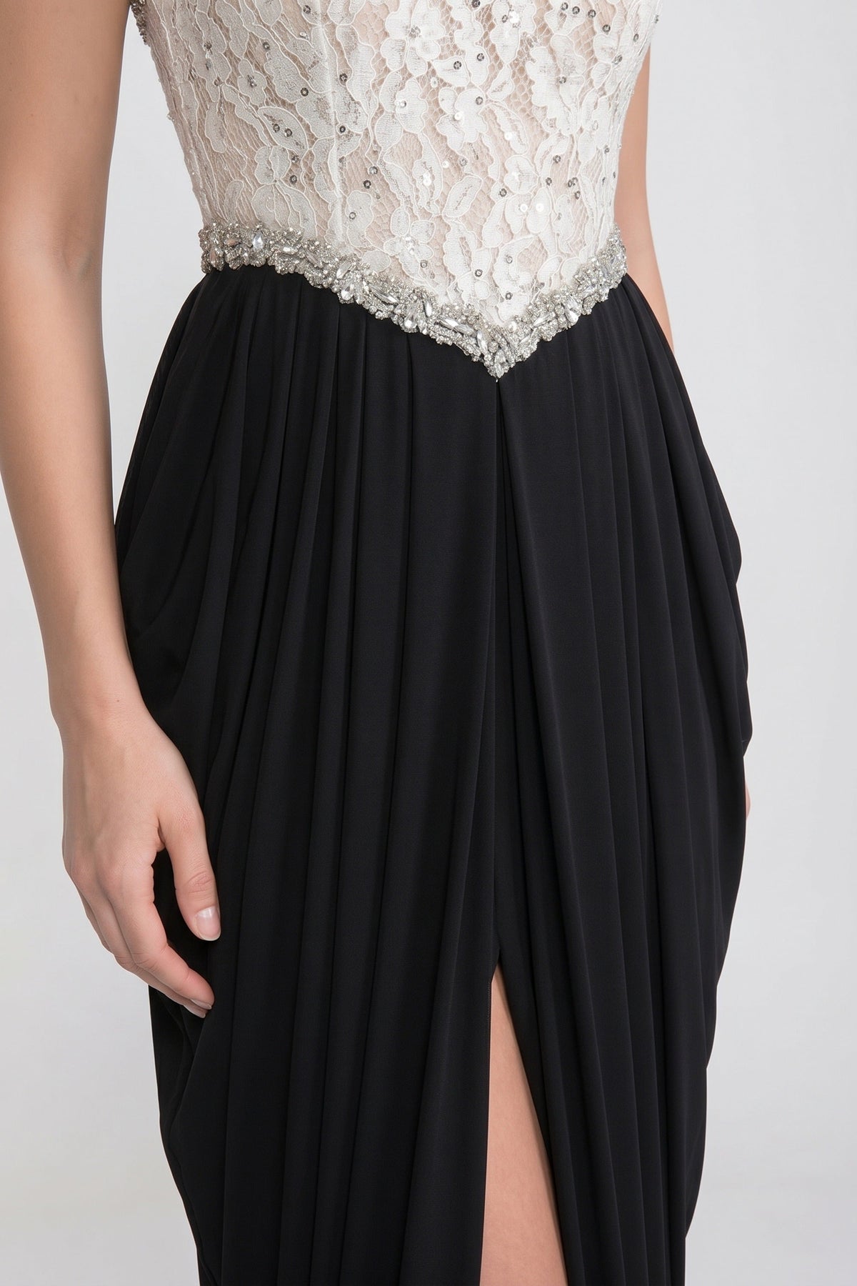 Strapless Beaded Lace Bodice Draped High Split Maxi Gown 5