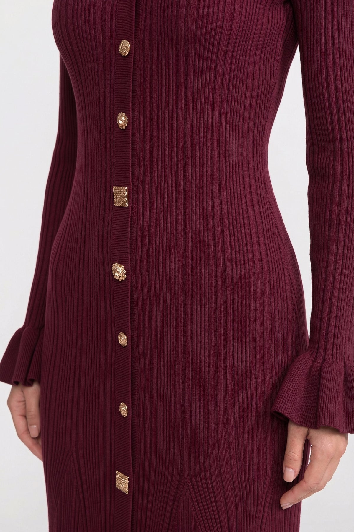 V-Neck Button-Front Ribbed Knit Maxi Dress - Burgundy - View 4
