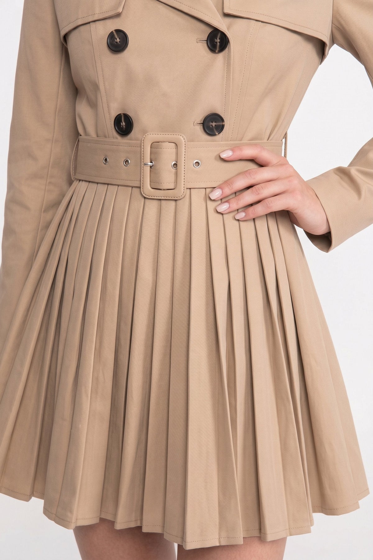 Double Breasted Belted Trench Pleated Skirt Mini Dress - View 4