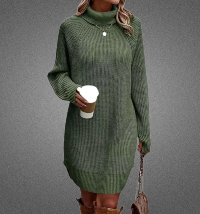 Knit Turtleneck Raglan Long Sleeve Ribbed Oversized Mini Sweater Dress - View 2