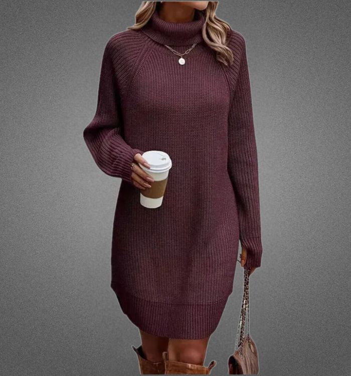Knit Turtleneck Raglan Long Sleeve Ribbed Oversized Mini Sweater Dress - View 6
