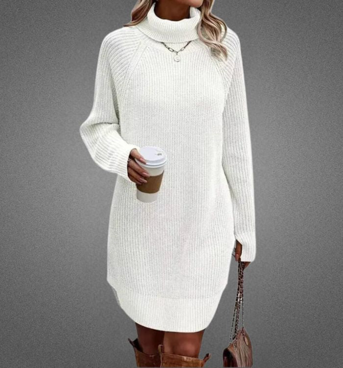 Knit Turtleneck Raglan Long Sleeve Ribbed Oversized Mini Sweater Dress - View 4