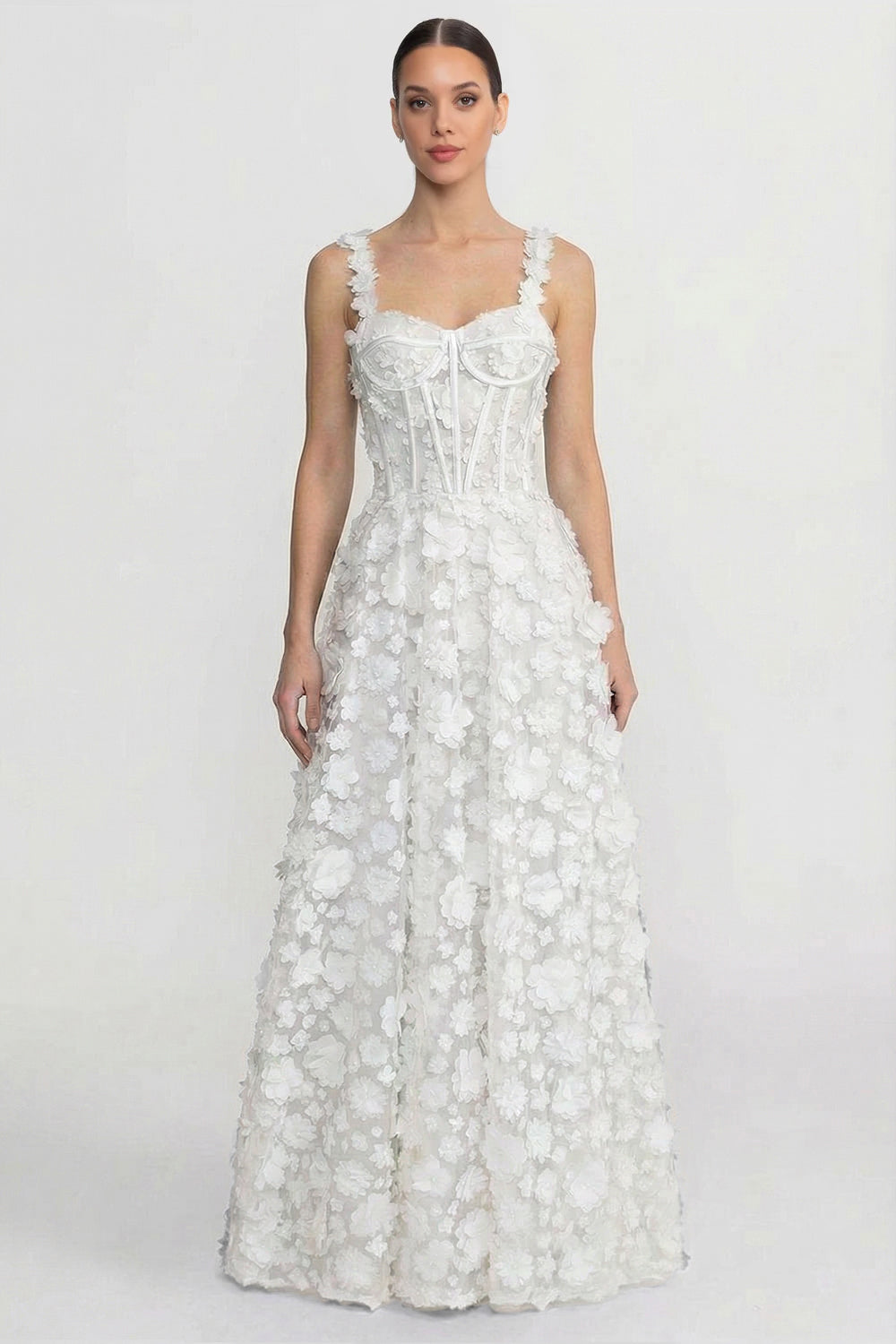 Floral Appliqué Maxi Dress With Corset Bodice - White - View 2