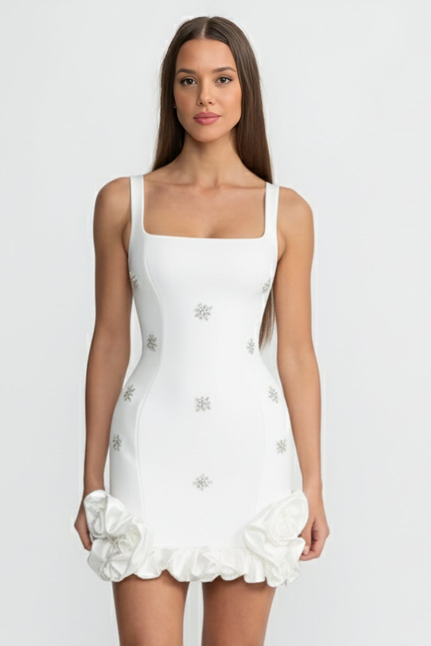 Embellished Bodycon Mini Dress With Crystal Flowers – White
