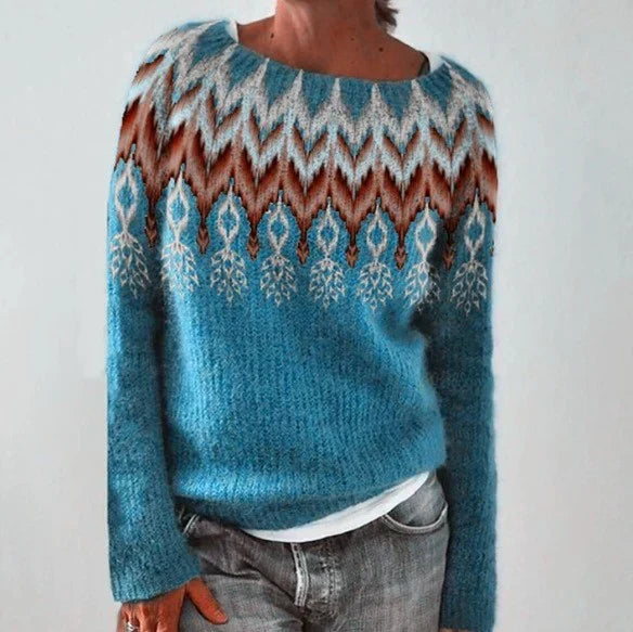 Boat Neck Long Sleeve Fair Isle Knit Sweater