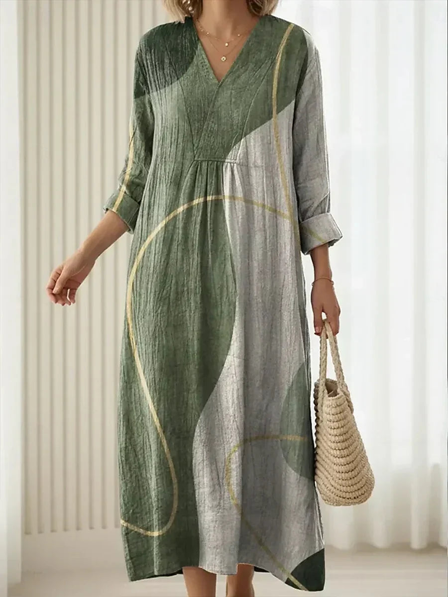 Abstract Print V-Neck Long Sleeve Linen Look Maxi Dress 2