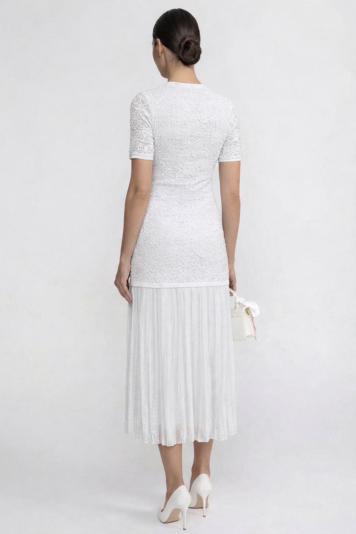 Lace Crew Neck Short Sleeve Pearl Button Pleated Maxi Dress - View 6