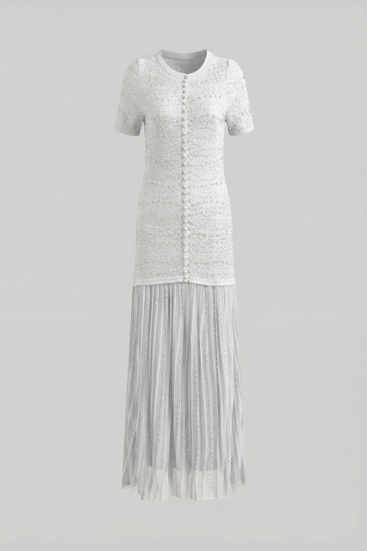 Lace Crew Neck Short Sleeve Pearl Button Pleated Maxi Dress - View 4