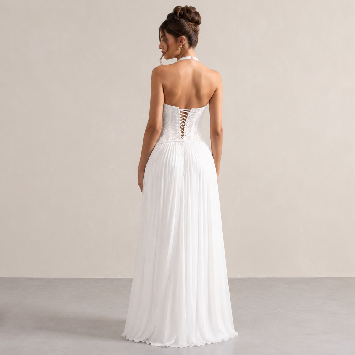 Halter Neck Lace Corset Pleated Chiffon Maxi Dress 3