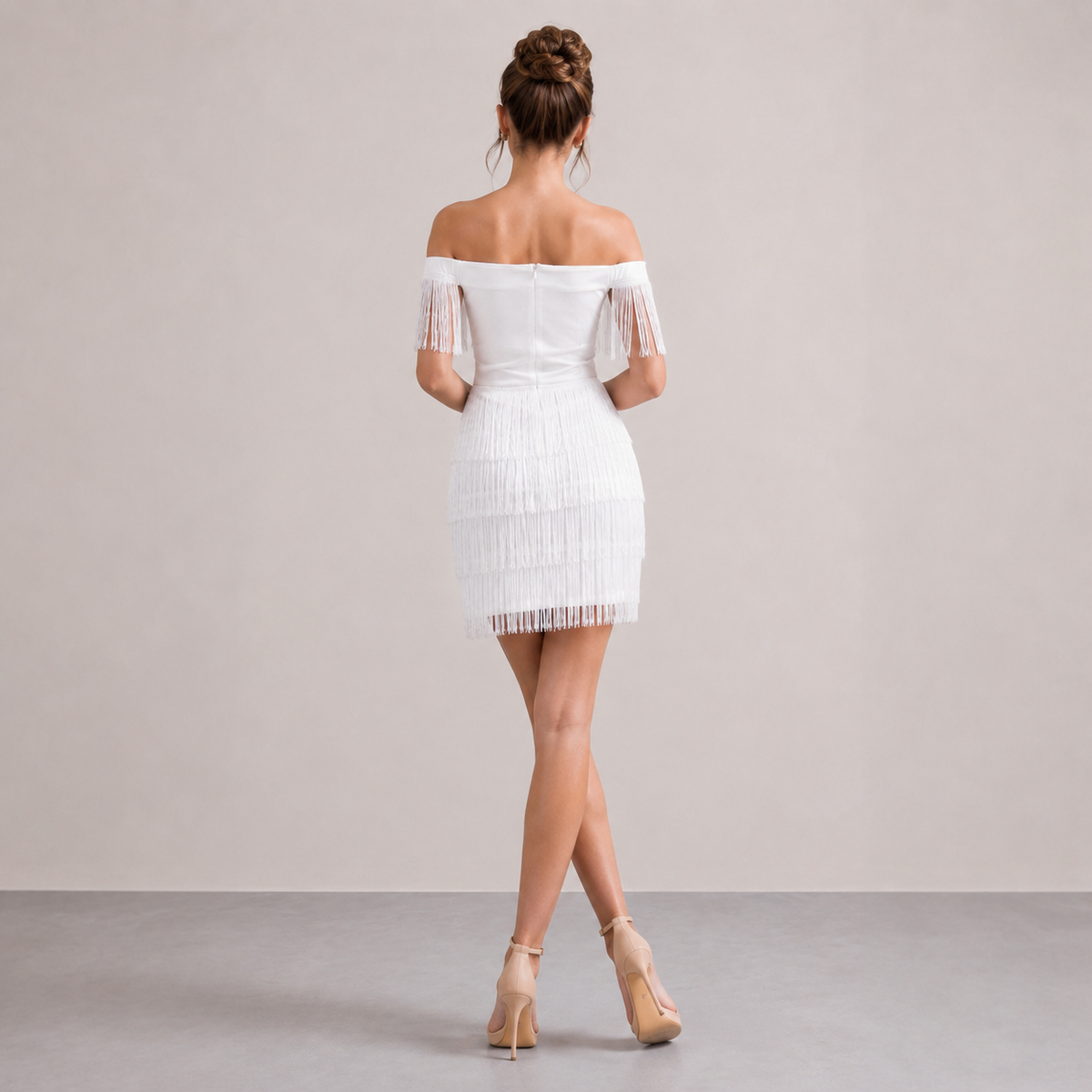 Off Shoulder Sweetheart Tiered Fringe Mini Dress 7