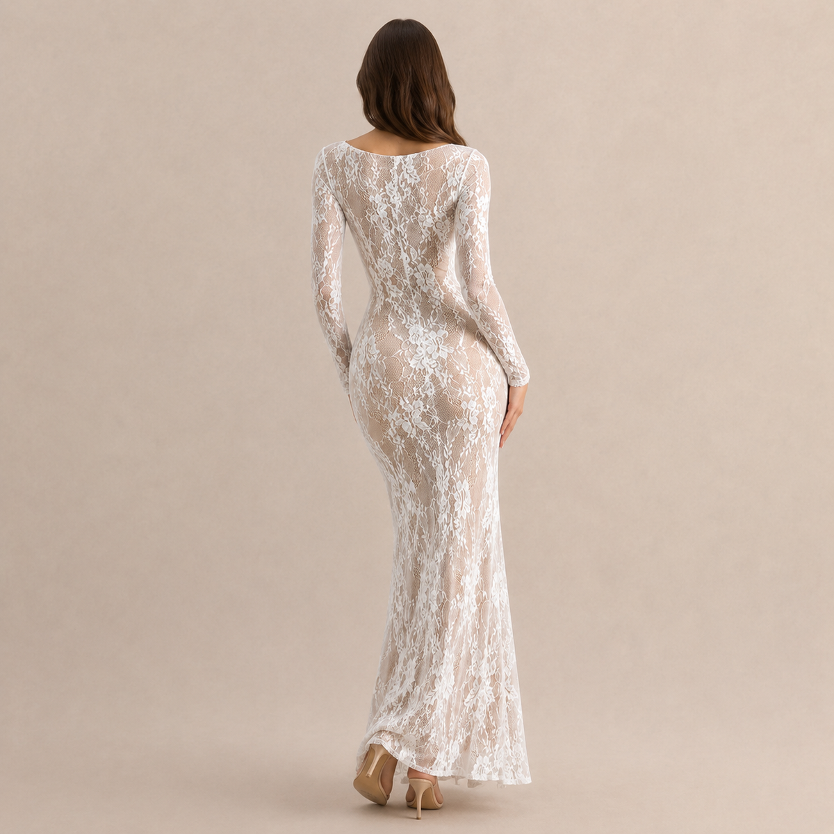 Floral Lace Square Neck Long Sleeve Fishtail Maxi Gown 3