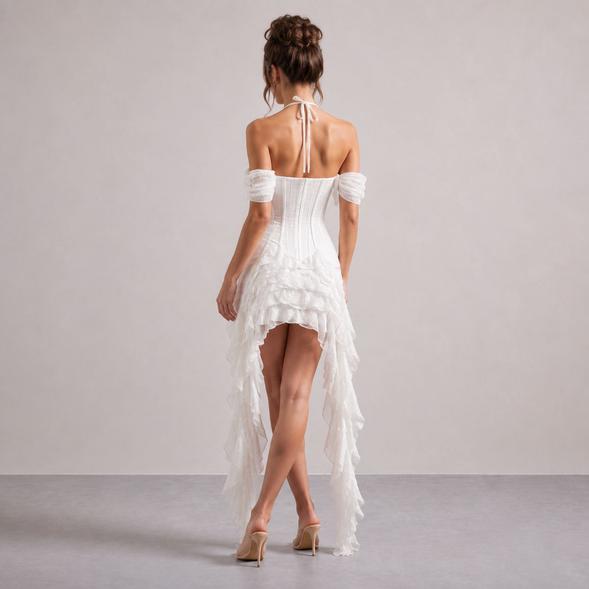 Halter Neck Off Shoulder Corset Ruffle High Low Maxi Dress 6