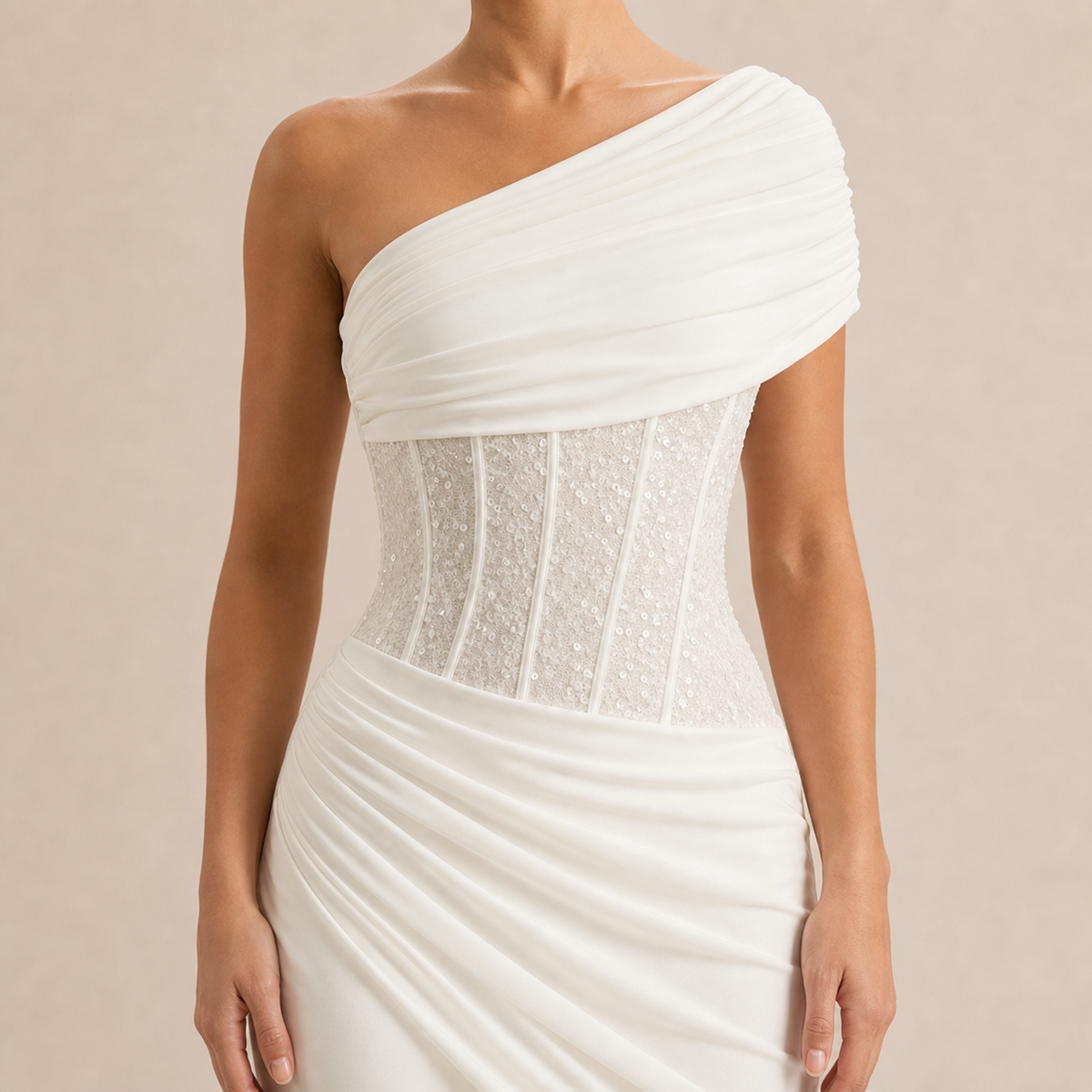 One Shoulder Sequin Corset Ruched Fishtail Maxi Gown 5