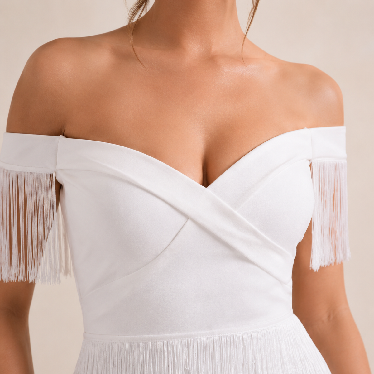 Off Shoulder Sweetheart Tiered Fringe Mini Dress 6