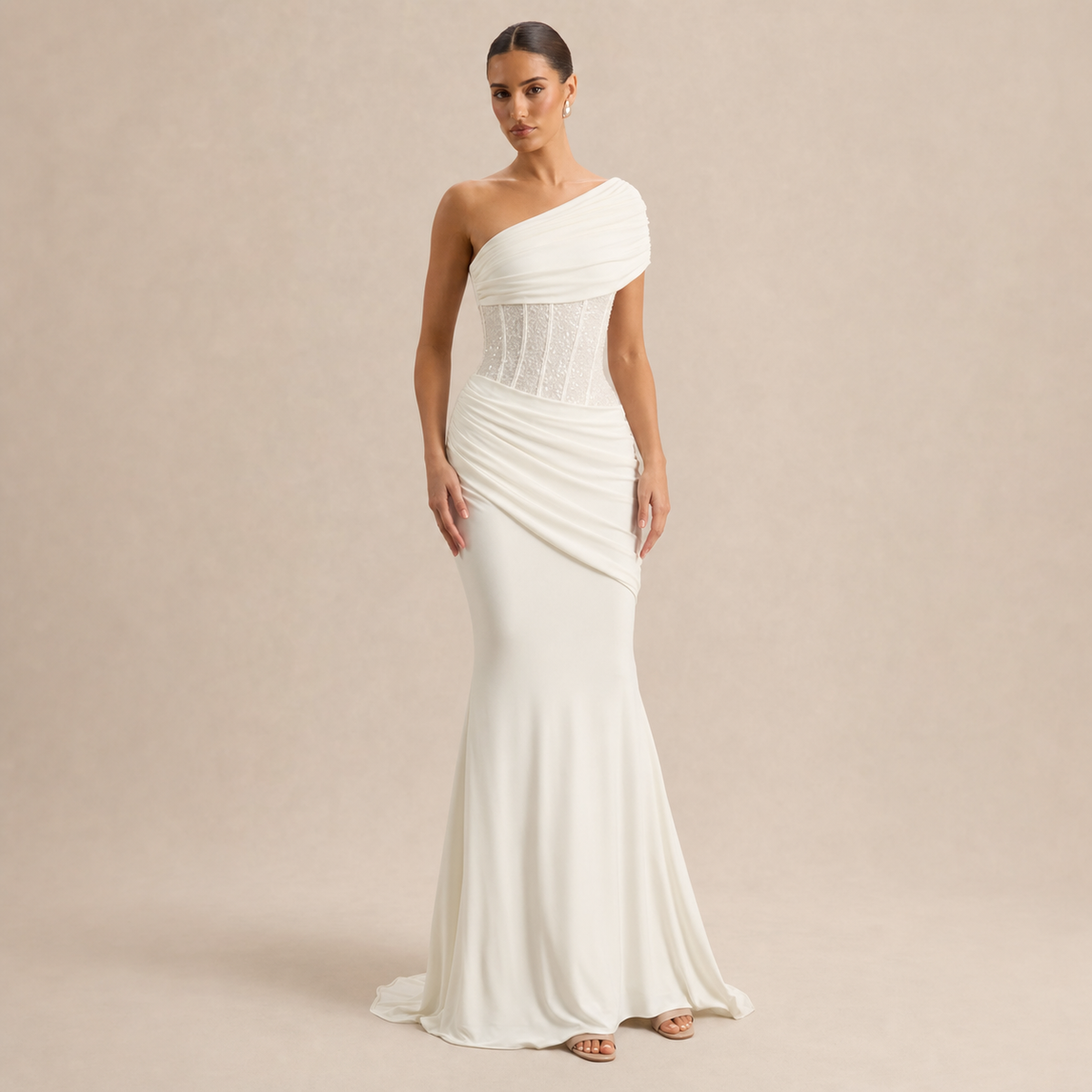 One Shoulder Sequin Corset Ruched Fishtail Maxi Gown 4