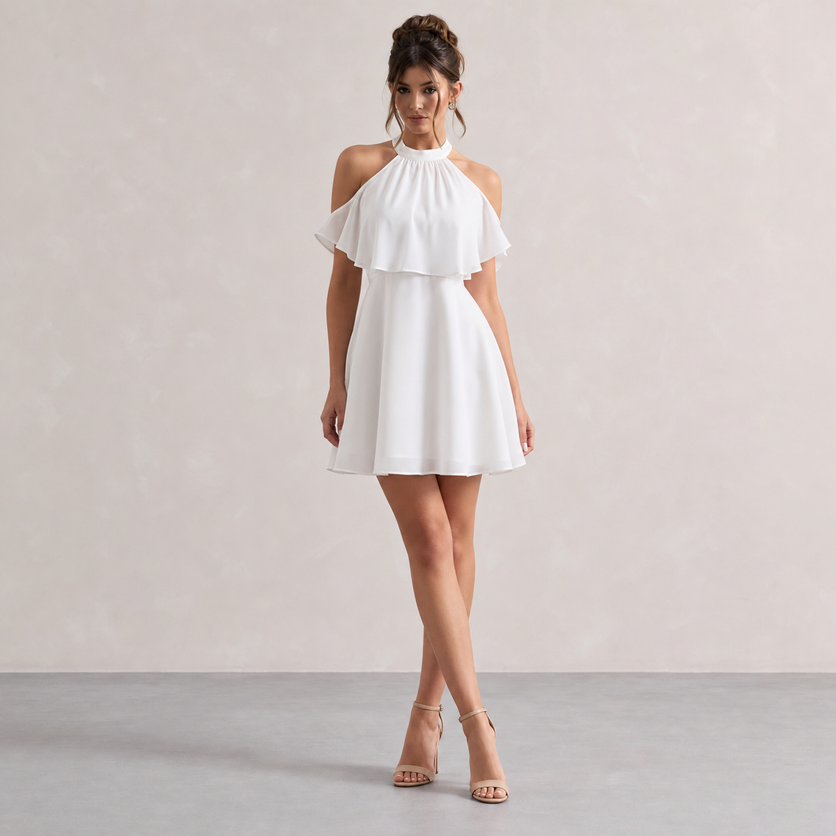Halter Neck Cold Shoulder Ruffle A-Line Mini Dress 4