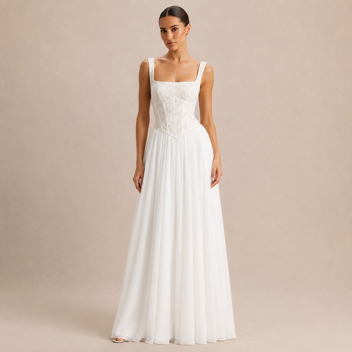 Square Neck Lace Corset Bodice A-Line Maxi Gown