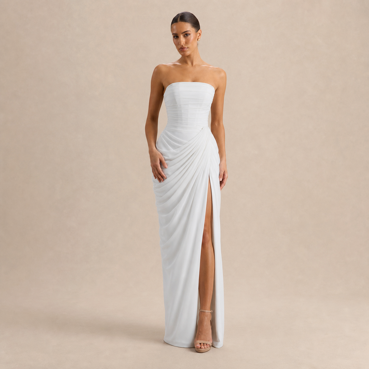 Strapless Ruched Draped High Split Maxi Gown 4