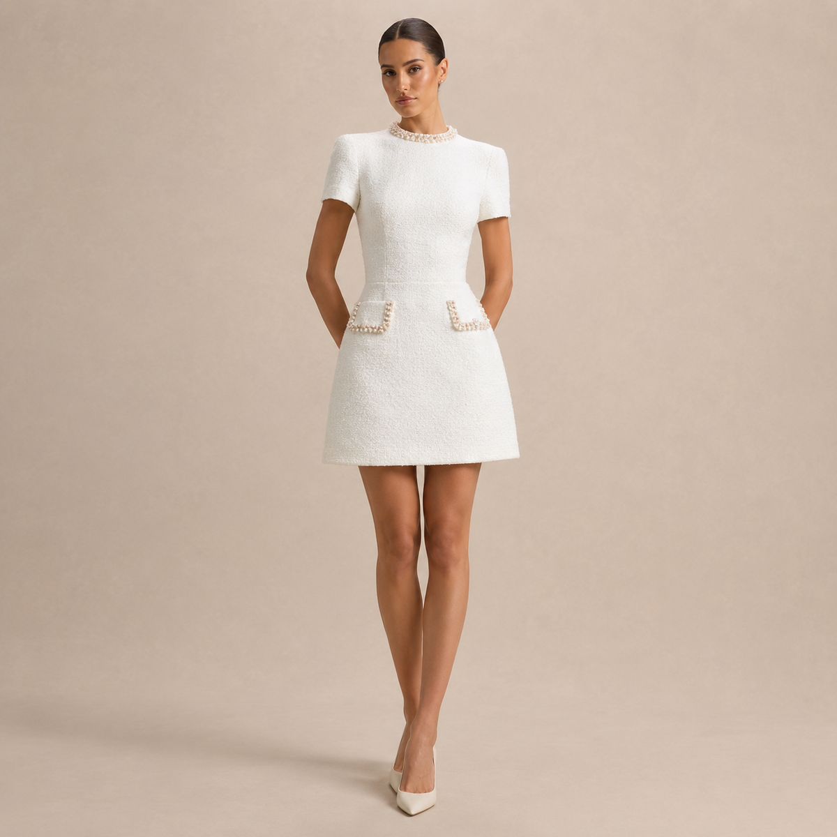 High Neck Short Sleeve Pearl Trim Tweed Mini Dress 4