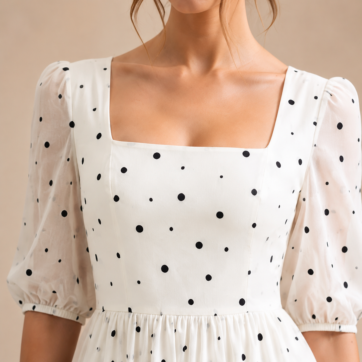 Polka Dot Square Neck Puff Sleeve A-Line Maxi Dress 2