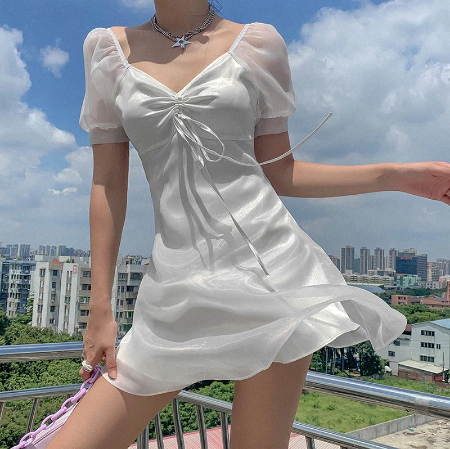 Sheer Puff Sleeve Ruched Tie Front Sweetheart Mini Dress - View 5