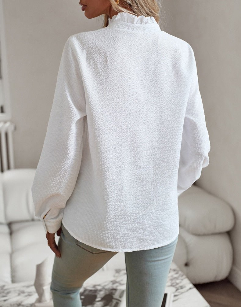 Ruffle Trim Stand Collar Long Sleeve Button Front Blouse 4
