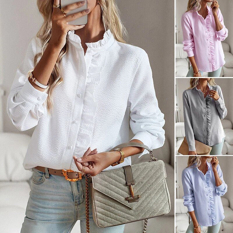 Ruffle Trim Stand Collar Long Sleeve Button Front Blouse 9