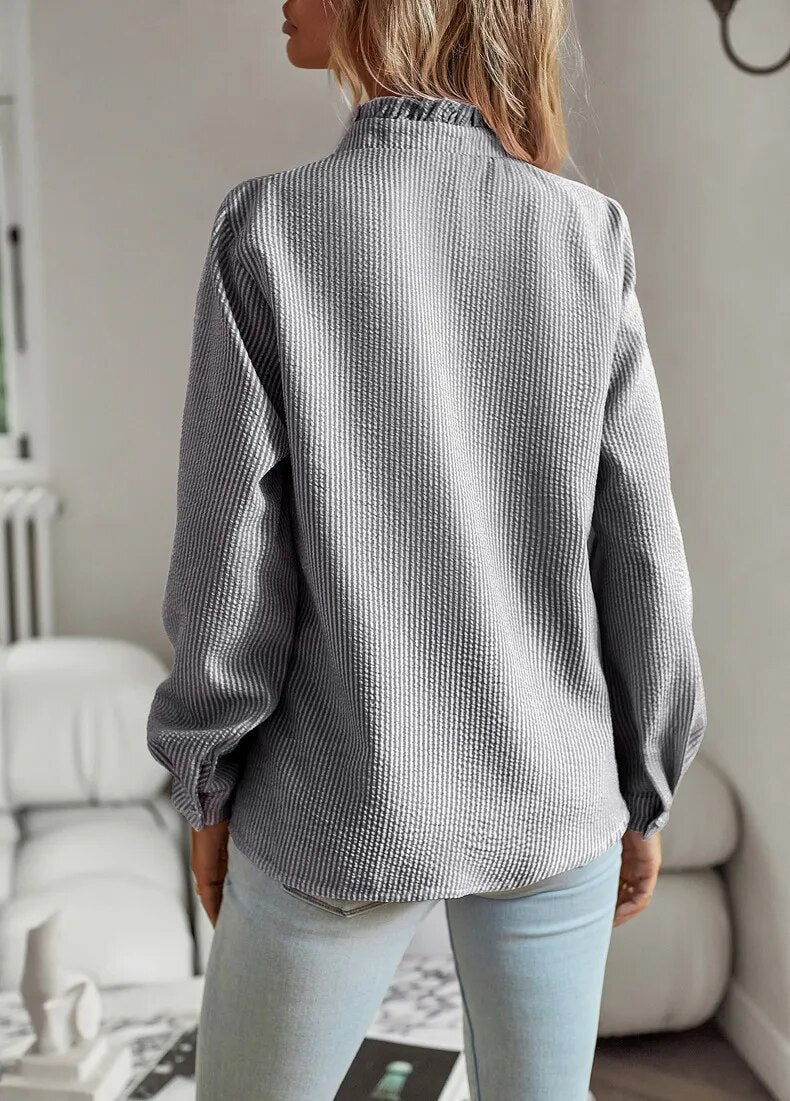 Ruffle Trim Stand Collar Long Sleeve Button Front Blouse 6