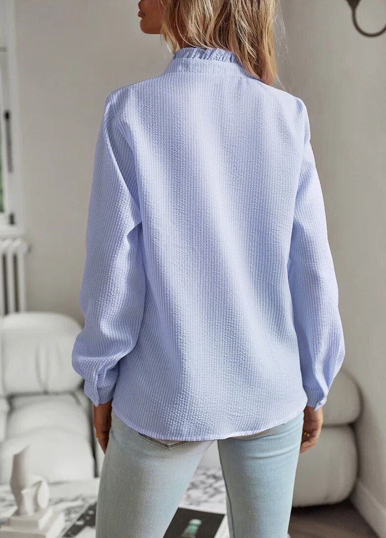 Ruffle Trim Stand Collar Long Sleeve Button Front Blouse 2