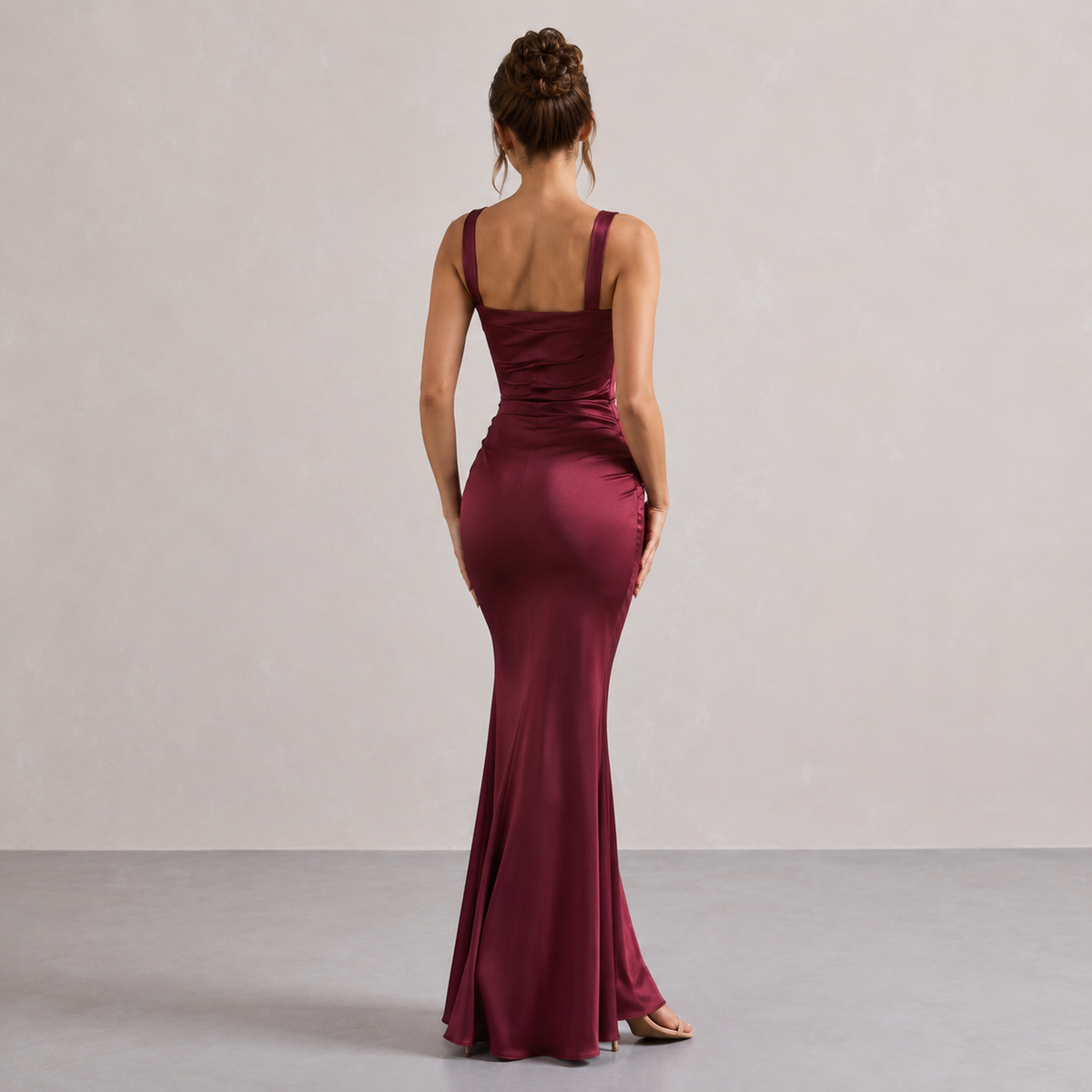 Square Neck Ruched Satin Fishtail Maxi Dress 15