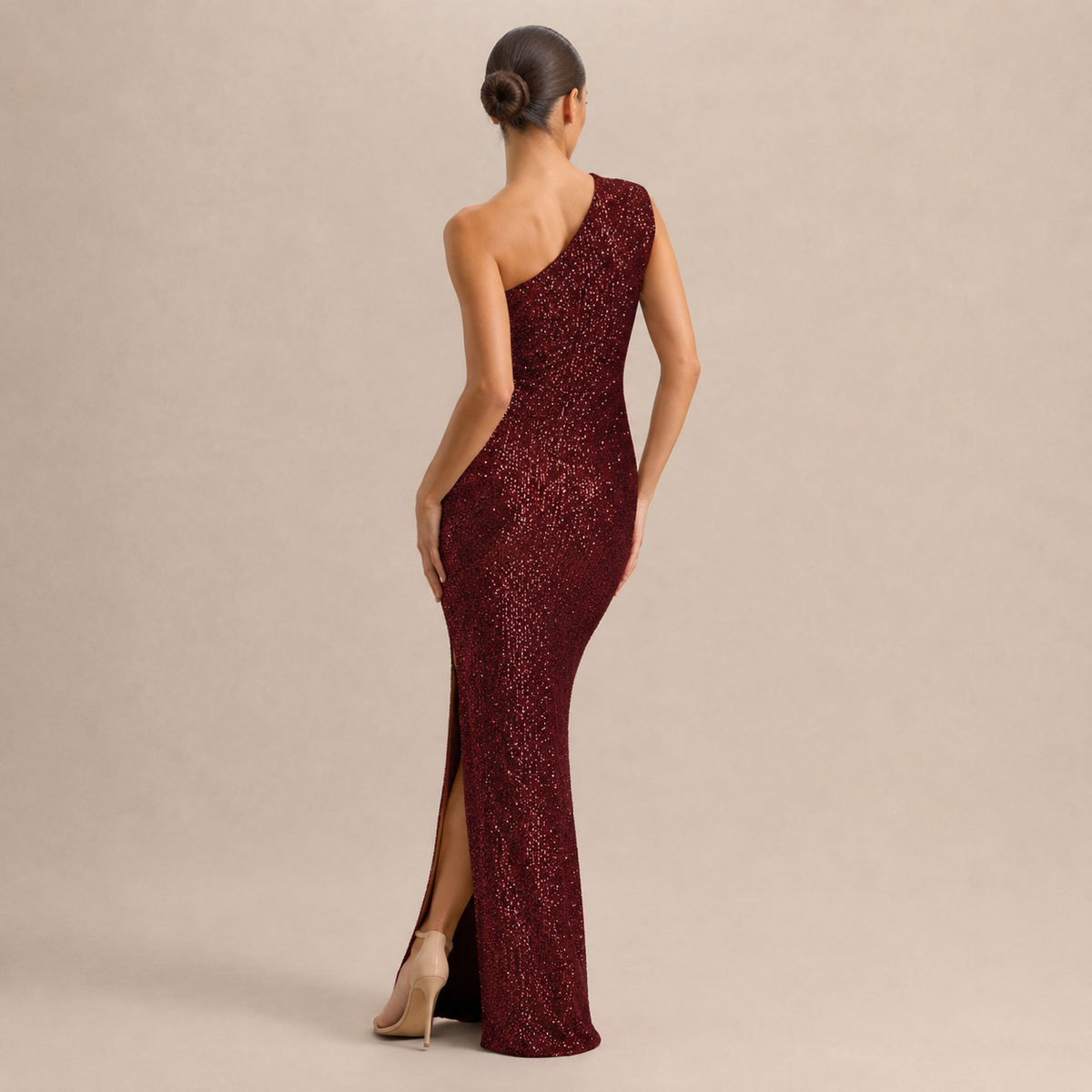 Sequin One Shoulder High Split Column Maxi Gown 12