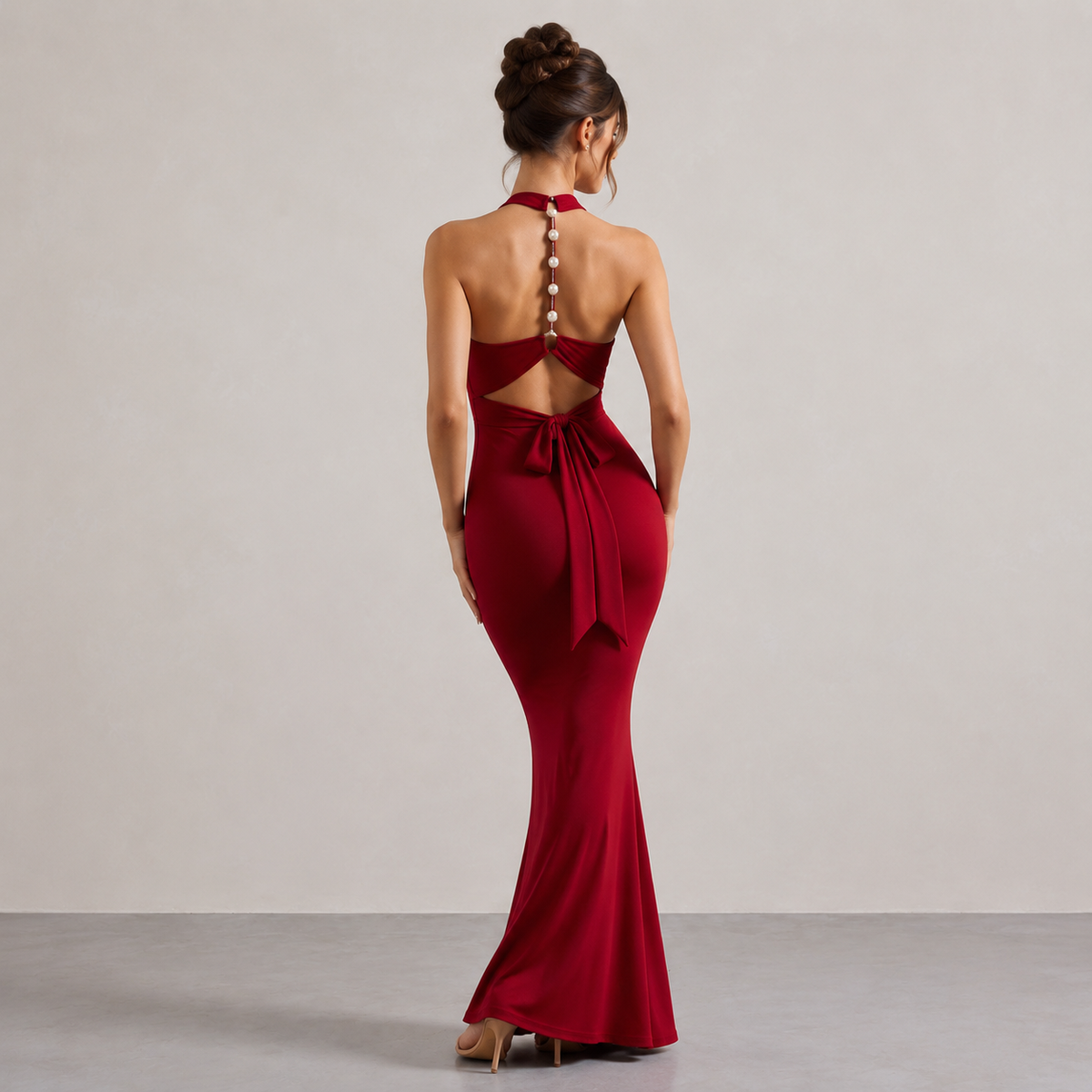 Halter Neck Backless Ruched Fishtail Maxi Gown 9