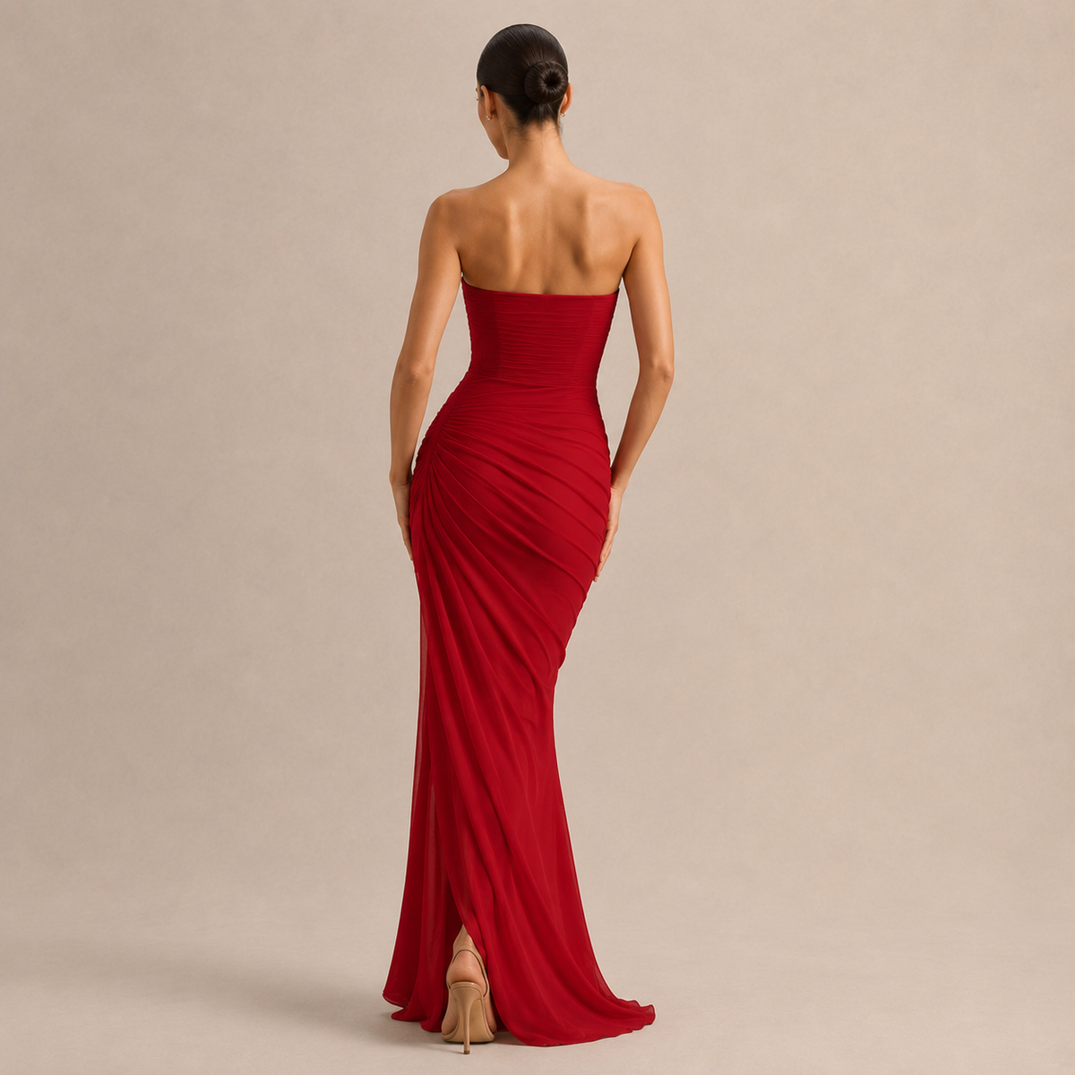 Strapless Ruched Draped High Split Maxi Gown 18