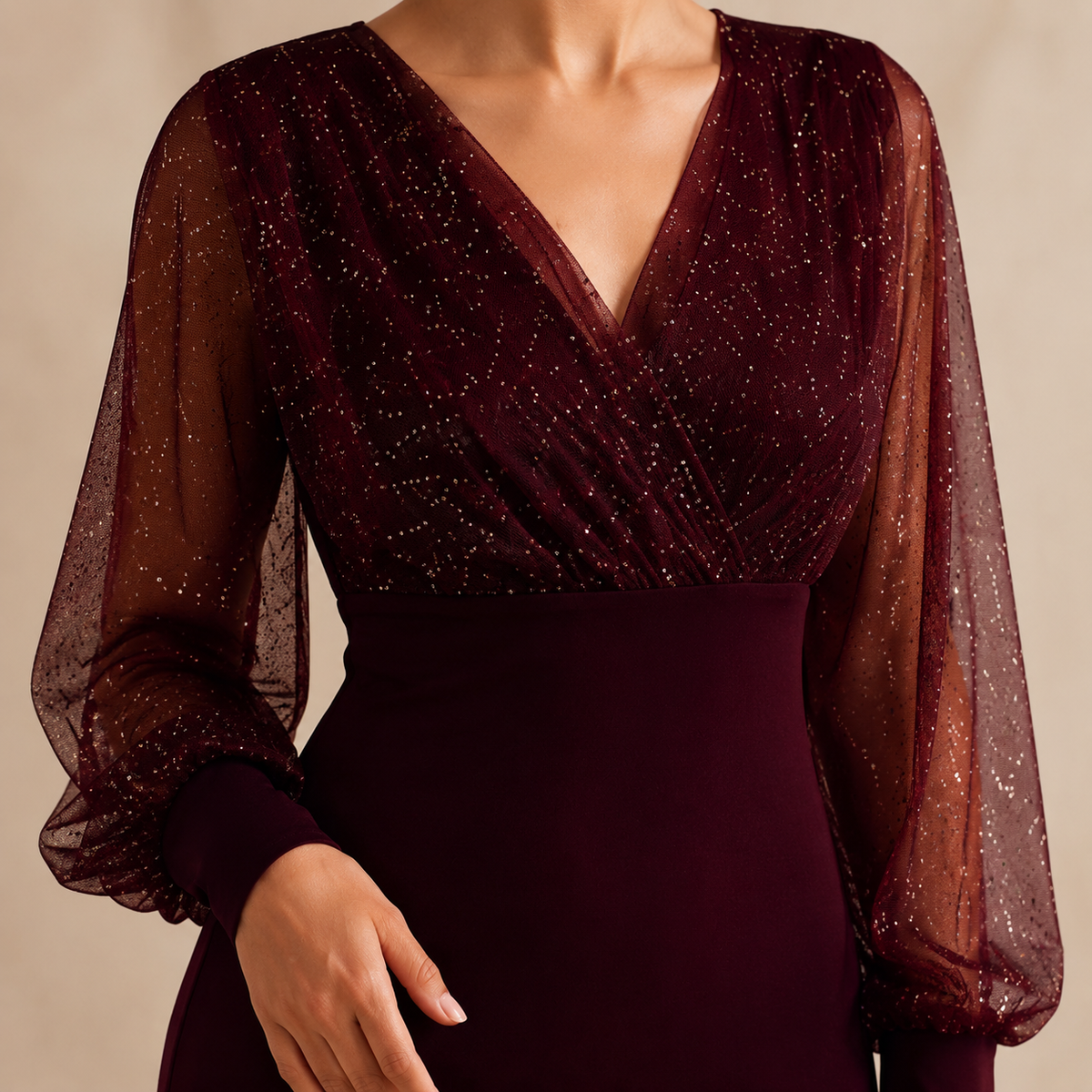 V-Neck Glitter Mesh Long Sleeve Bodycon Mini Dress 11