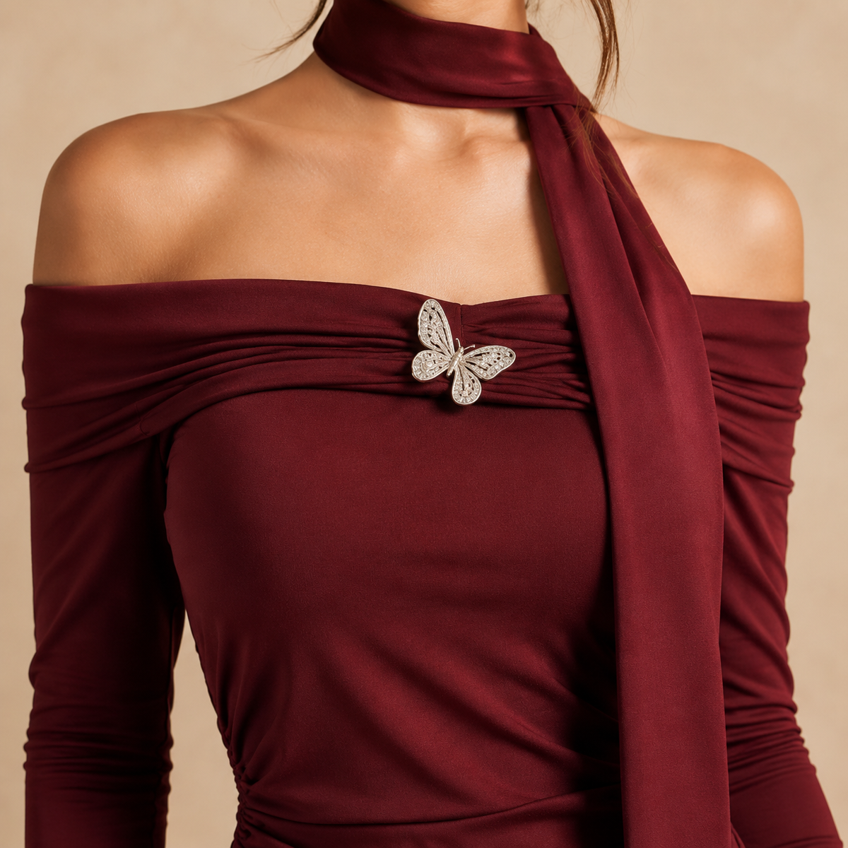 Off Shoulder Long Sleeve Draped Sash Ruched Mini Dress 5
