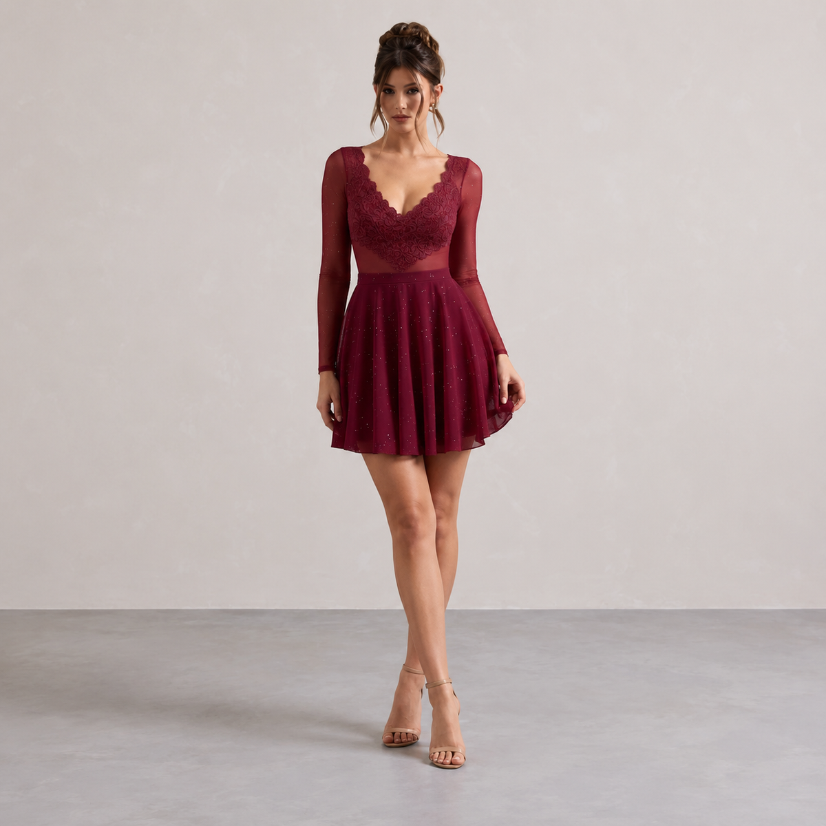Sweetheart Lace Bodice Long Mesh Sleeve Glitter Skater Mini Dress 4