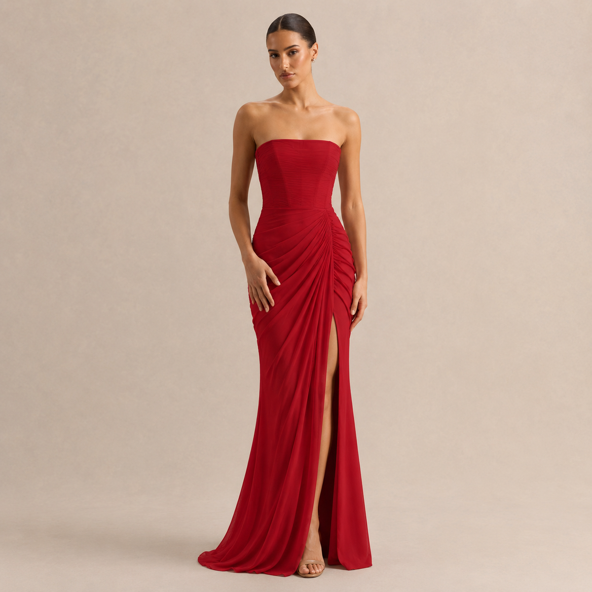 Strapless Ruched Draped High Split Maxi Gown 16