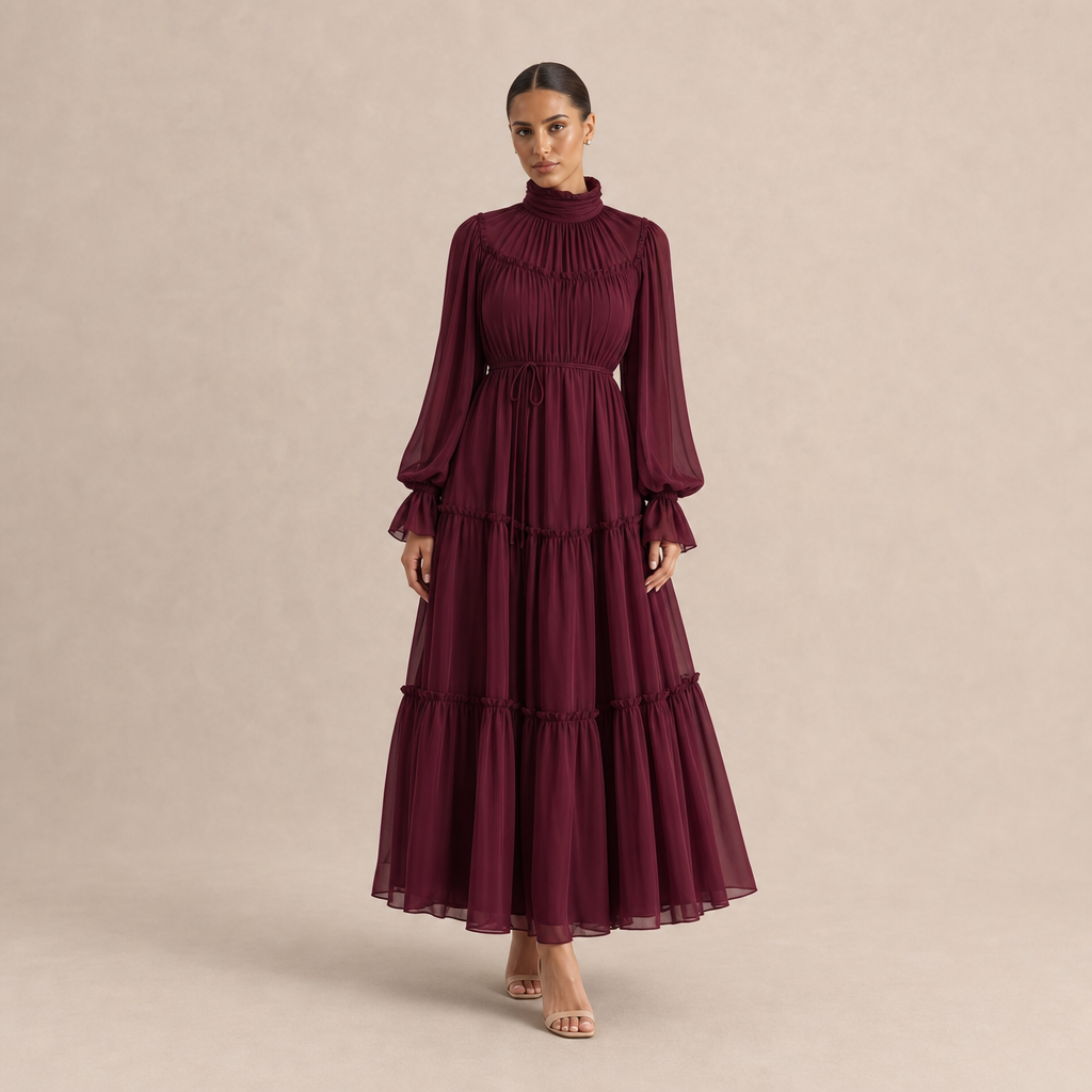 High Neck Long Sleeve Tiered Ruffle Chiffon Maxi Dress 4