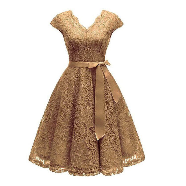 Floral Lace Deep V-Neck Cap Sleeve Sash Waist Cocktail Midi Dress - View 4