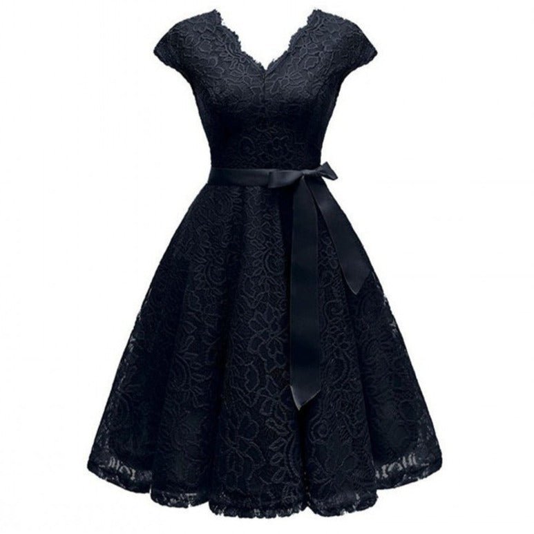 Floral Lace Deep V-Neck Cap Sleeve Sash Waist Cocktail Midi Dress