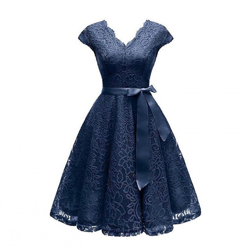 Floral Lace Deep V-Neck Cap Sleeve Sash Waist Cocktail Midi Dress - View 2